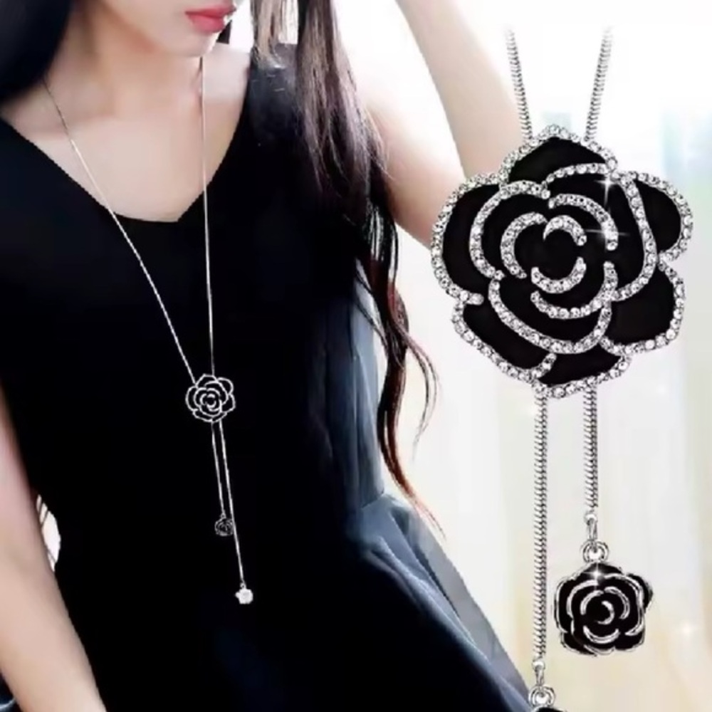 Black and Silver Camellia Flower Pendant Necklace
